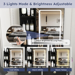 Modern Small Vanity Desk Featuring 3 Modes Of LED Lighting With Adjustable Brightness 3 Drawers And Multiple Open Storage Shelves A Hair Dryer Holder And Power Socket And A Dressing Chair. Black