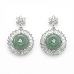 925 Sterling Silver Elegant Jade and CZ Halo Drop Earrings with Star Accents