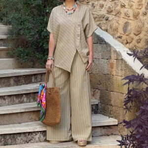 Striped Short-sleeve Shirt And Loose-fitting Pants Two-piece Set