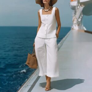 Classic Cotton-linen Square-neck Top And Capri Pants Set