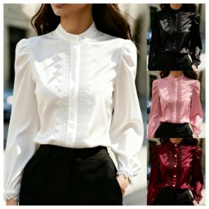 Satin Lace-Patchwork Stand-Collar Shirt Top For Women