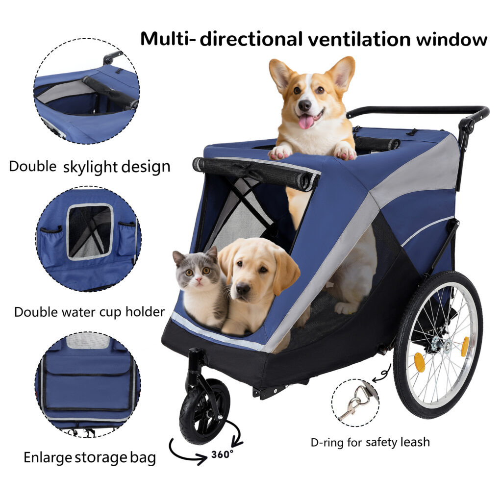 2-in-1 Bike Trailer & Push Cart For Pets - Detachable Bike Hitch & Push Handle Included - Quick Release Wheel, Internal Leash, Dual Cup Pockets And Underneath Storage Bag, Holds Pets Up To 100 Lbs