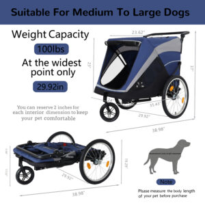 2-in-1 Bike Trailer & Push Cart For Pets - Detachable Bike Hitch & Push Handle Included - Quick Release Wheel, Internal Leash, Dual Cup Pockets And Underneath Storage Bag, Holds Pets Up To 100 Lbs