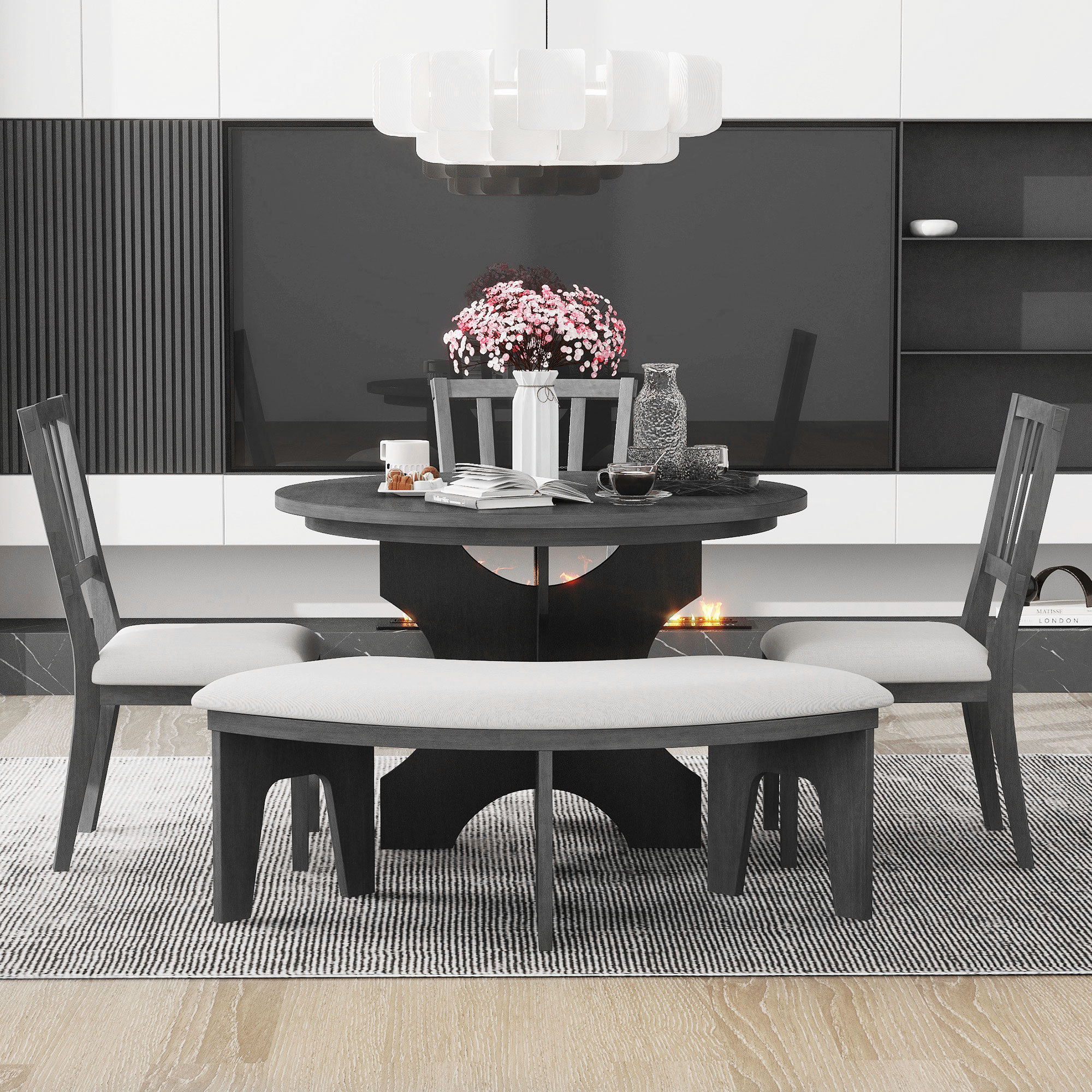 TREXM 5-piece Rustic Charm Round Dining Set With 3 Upholstered Chairs And Curved Bench For Dining Room Kitchen And Living Room Gray - Image 3