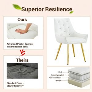 Pattern Premium PU Leather Accent Chair, Diamond Decor Backrest, Chrome Golden Metal Legs & High-Resilience Sponge Cushion Versatile For Office, Dining Room & Living Room White, Set Of 2