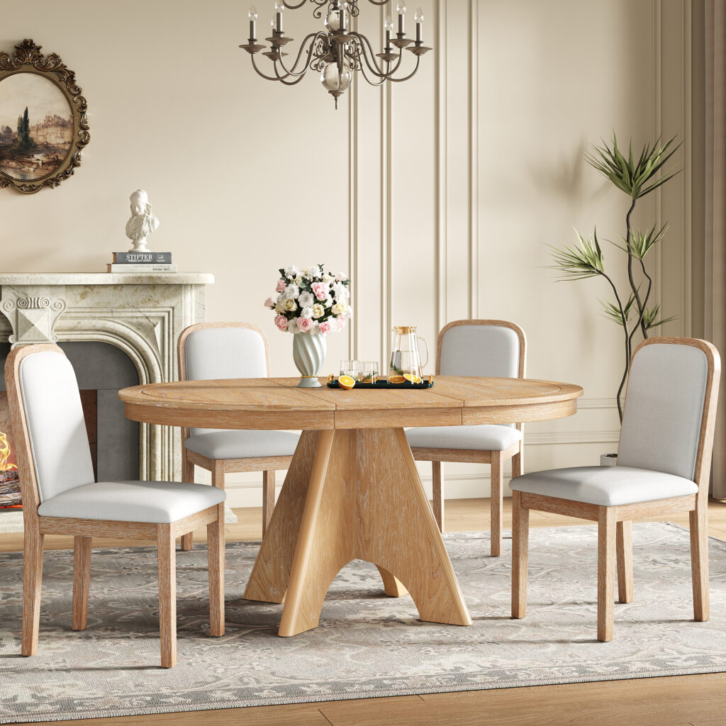 TREXM Vintage Extendable Dining Table Set For 4-6 With 4 Upholstered Chairs 42 To 58-Inch Rustic Farmhouse Kitchen Table Set With Distressed Finish For Dining Room And Kitchen Natural Wood Wash