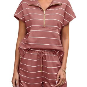 Fisoew Women Summer 2 Piece Outfits Striped Short Sleeve Zipper Shirts Casual Shorts Loose Lounge Short Sets