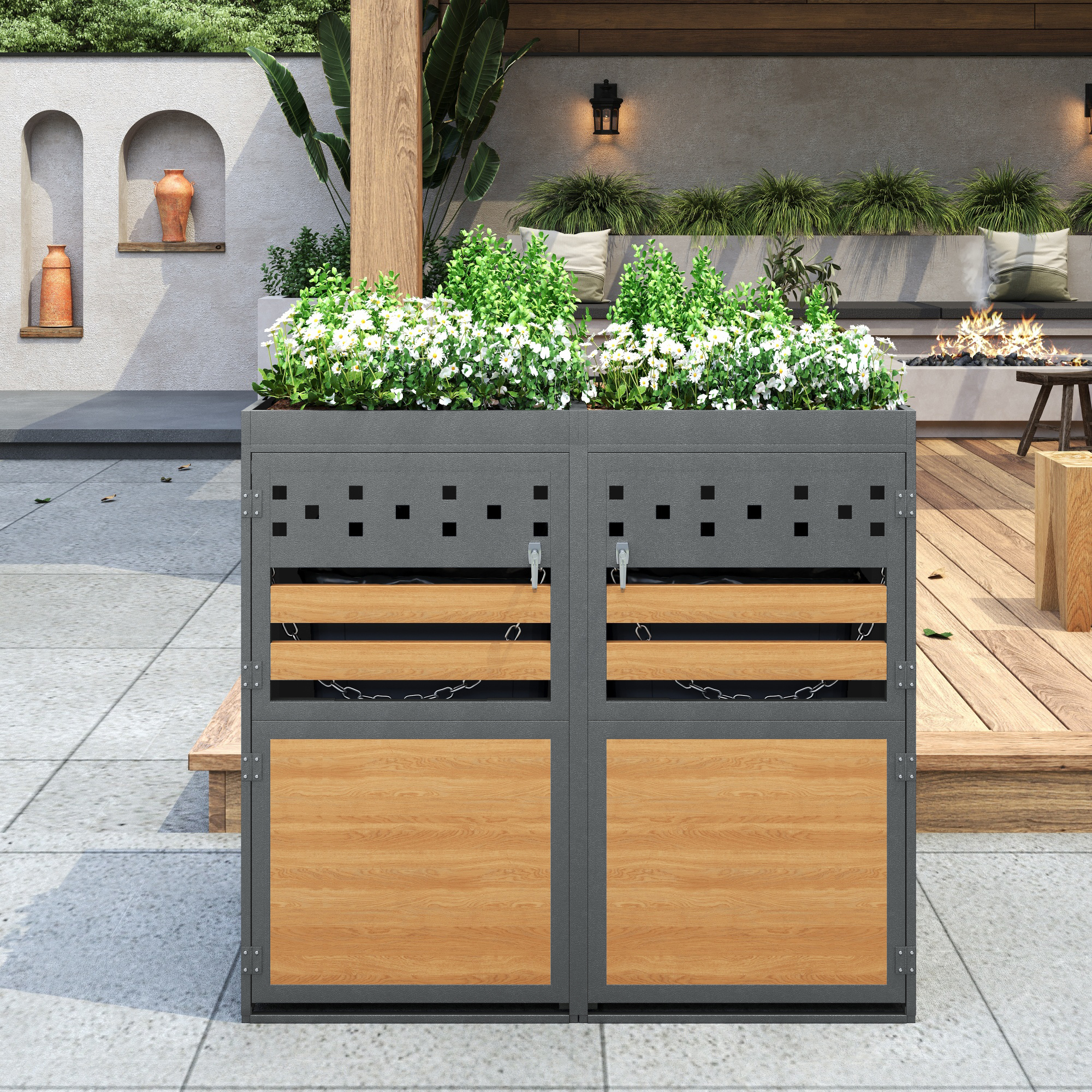 Double Bin Storage Box With Green Roof, 120-240 Liter Capacity, Anthracite, Wood-look Door, Including Extension Option, Storage Box For Bins, Bin Storage - Image 5