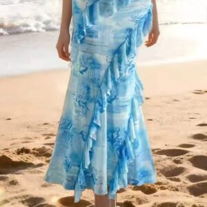 Womens Resort-Style Sleeveless Halterneck Printed Beach Dress