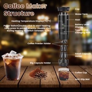 3 In 1 Portable Espresso Machine Cordless Self Heating Coffee Maker With 7500mAh Battery Heating 20Bar Pressure Anti Dry Burn Fit For Ground Coffee Capsules For Camping Hiking RV Home