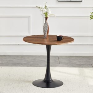 Round Dining Table, 31.5in Circle Tulip Table With Thickened Tabletop & Metal Pedestal, Mid Century Modern Bistro Table For Kitchen, Small Places, Living Room, Cafe Faux Walnut