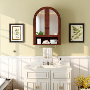 Wall Mounted Arched Cabinet With Mirrored Doors And Adjustable Shelves For Laundry Room, Bathroom, Kitchen