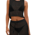 Fisoew Womens 2 Piece Crochet Sets Sleeveless Crop Tops Cover Up Beach Mini Skirt Outfits Vacation Sets