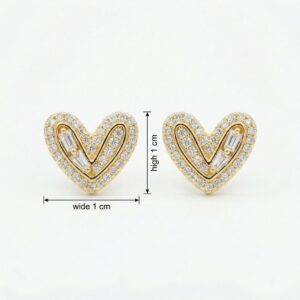 925 Sterling Silver Sparkling Diamond Heart Stud Earrings with Baguette and Round Cut Accents