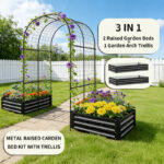 Raised Garden Bed With Arch Trellis, 2 Pack Metal Planter Boxes With Garden Arch, Outdoor Garden Planter For Climbing Plants Vegetables Flowers