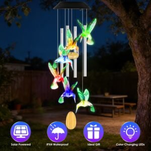 Solar Hummingbird Wind Chime With Aluminum Tubes 7 Color Changing Wind Chime For Outside IPX4 Waterproof Outdoor Garden Yard Decor