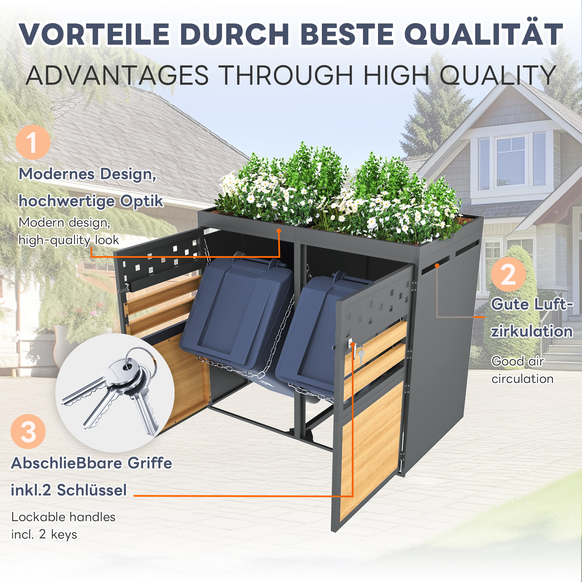 Double Bin Storage Box With Green Roof, 120-240 Liter Capacity, Anthracite, Wood-look Door, Including Extension Option, Storage Box For Bins, Bin Storage - Image 4