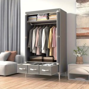 Portable Clothes Closet Rolling Door Wardrobe With Hanging Rack Non-Woven Fabric Storage Organizer With Three Drawer Boxes No-Tool Assembly – 67inx35.4inx17.7in Gray