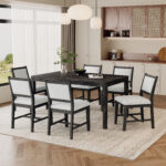 TREXM 7-Piece Retro Dining Table Set For 6 1 Rectangular Wood Dining Table Set For 6 With Upholstered Chairs For Dining Room And Kitchen Espresso