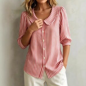 Mid-sleeve Striped V-neck Shirt Top T-shirt Womens Clothing