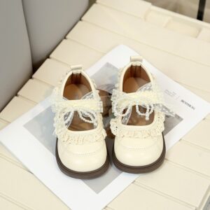 2026 Spring New Korean Style Girls Leather Shoes, Fashion Kids Princess Shoes With Bow, Lace & Pearl Trim For Little Girls