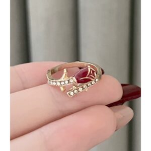 Enamel Red Rose Ring For Women, Light Luxury New Year Index Finger Ring, Open Adjustable Niche Design Delicate Ring
