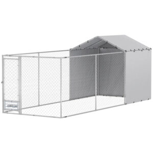 Galvanized Chain Link Large Outdoor Dog Kennel With Waterproof & UV-Resistant Cover, For M&L Dogs, 19.7′ X 7.5′ X 7.5′