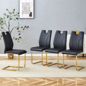 Black PU Dining Chair Set.Uniquely Designed Black Dining Chairs. PU Material, Paired With Gold Metal Chair Legs. Suitable For Offices, Restaurants, Kitchens, Conference Rooms, Etc. Set Of 4
