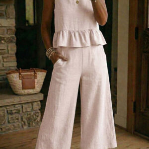 Womens Ruffled Hem Sleeveless Tank Top And Cropped Pants Cotton-Linen Set