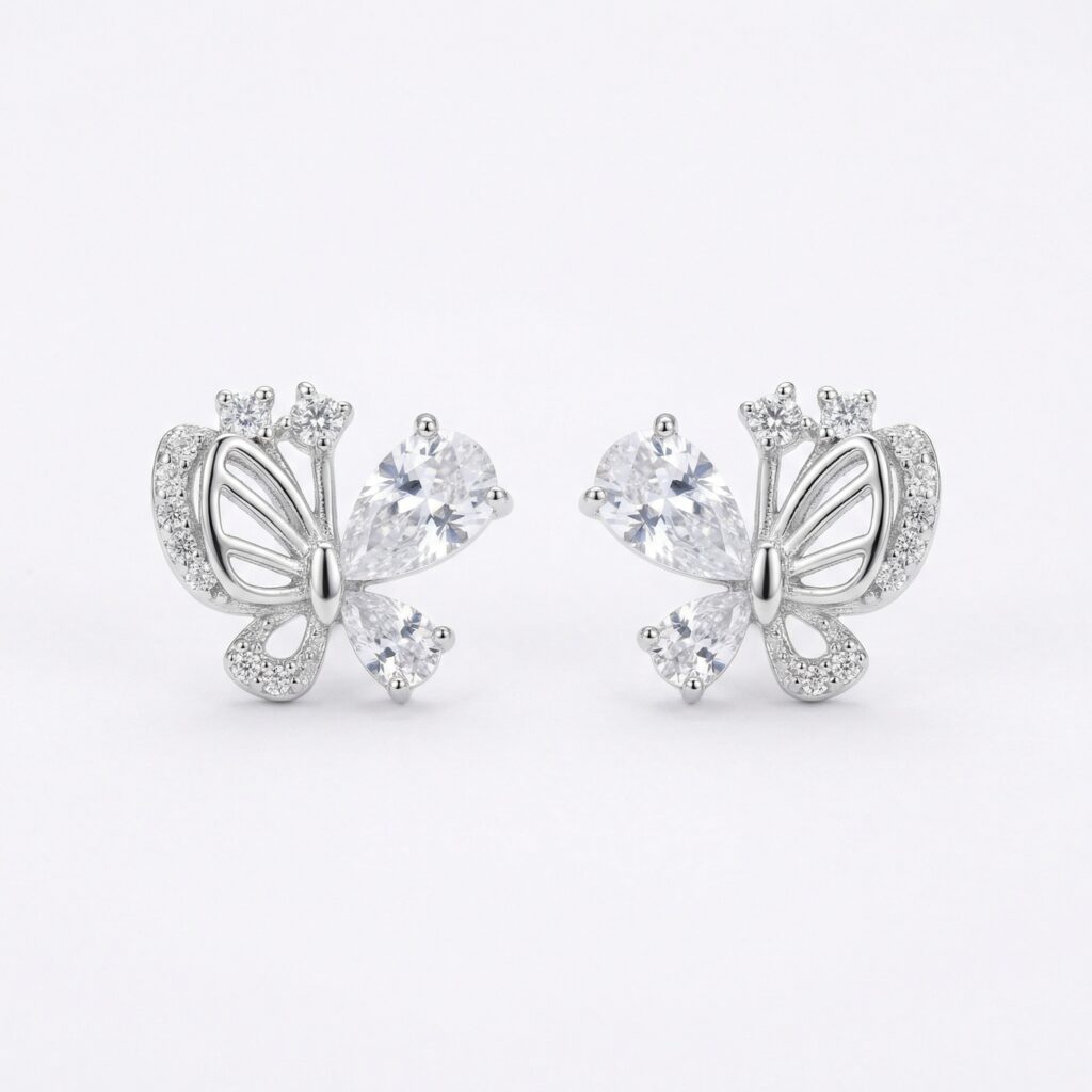 925 Sterling Silver Elegant Silver Butterfly Stud Earrings with Pear-Cut Cubic Zirconia Accents