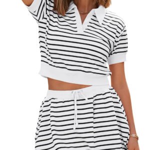 Fisoew Womens Striped 2 Piece Outfits Skort Set Short Sleeves Shirts Bubble Mini Skirt Sets Matching Sets