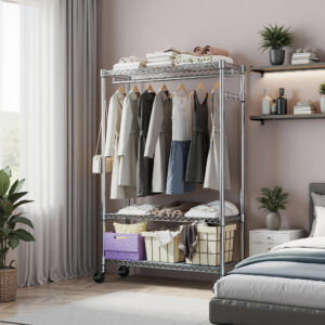 Heavy Duty Garment Rack On Wheels, Rolling Freestanding Closet Organizer And Clothes Rack For Hanging Clothes With 1 Hang Rod, Adjustable Metal Wardrobe, 15.7 D X 45.3 W X 75.6 H, Chrome