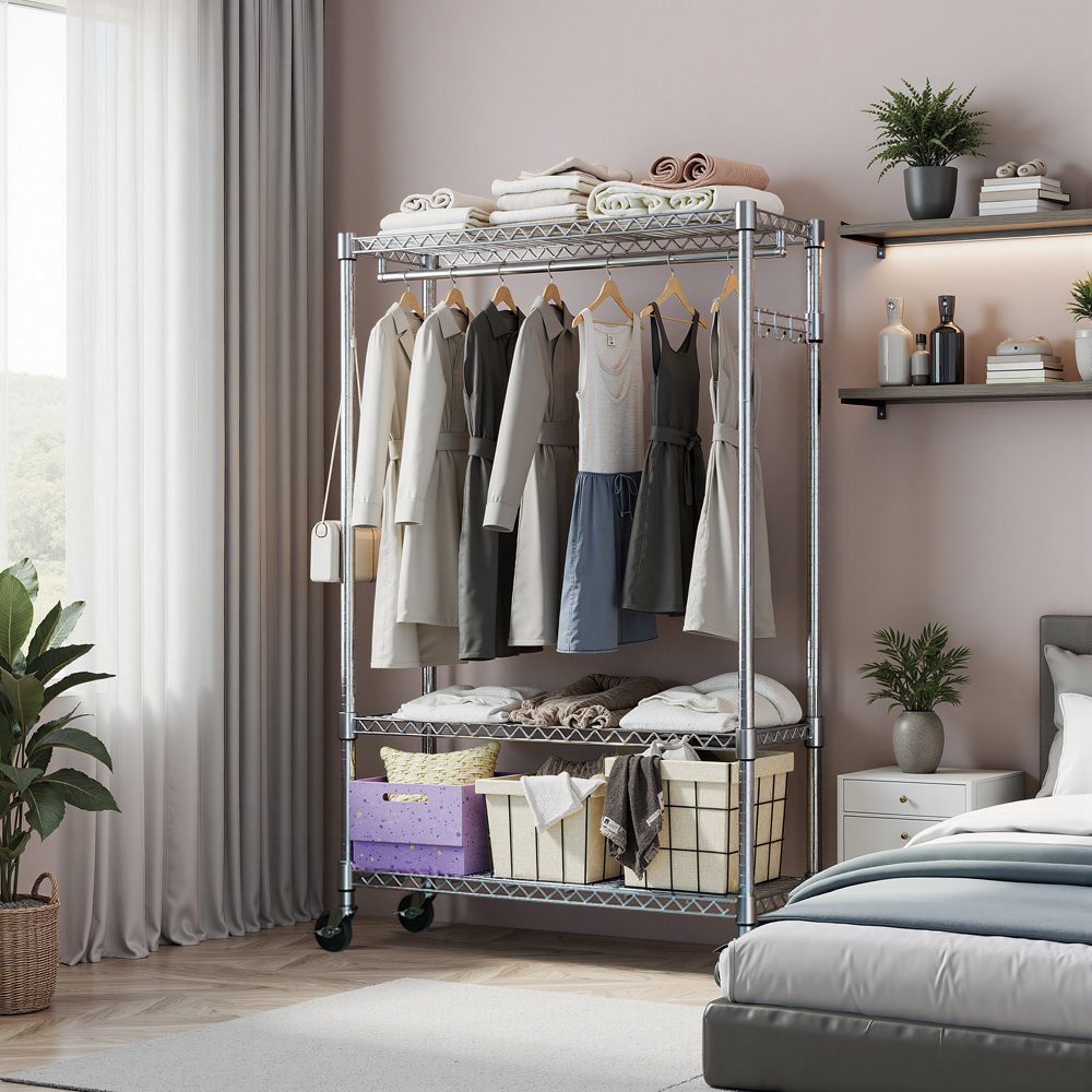 Heavy Duty Garment Rack On Wheels, Rolling Freestanding Closet Organizer And Clothes Rack For Hanging Clothes With 1 Hang Rod, Adjustable Metal Wardrobe, 15.7 D X 45.3 W X 75.6 H, Chrome
