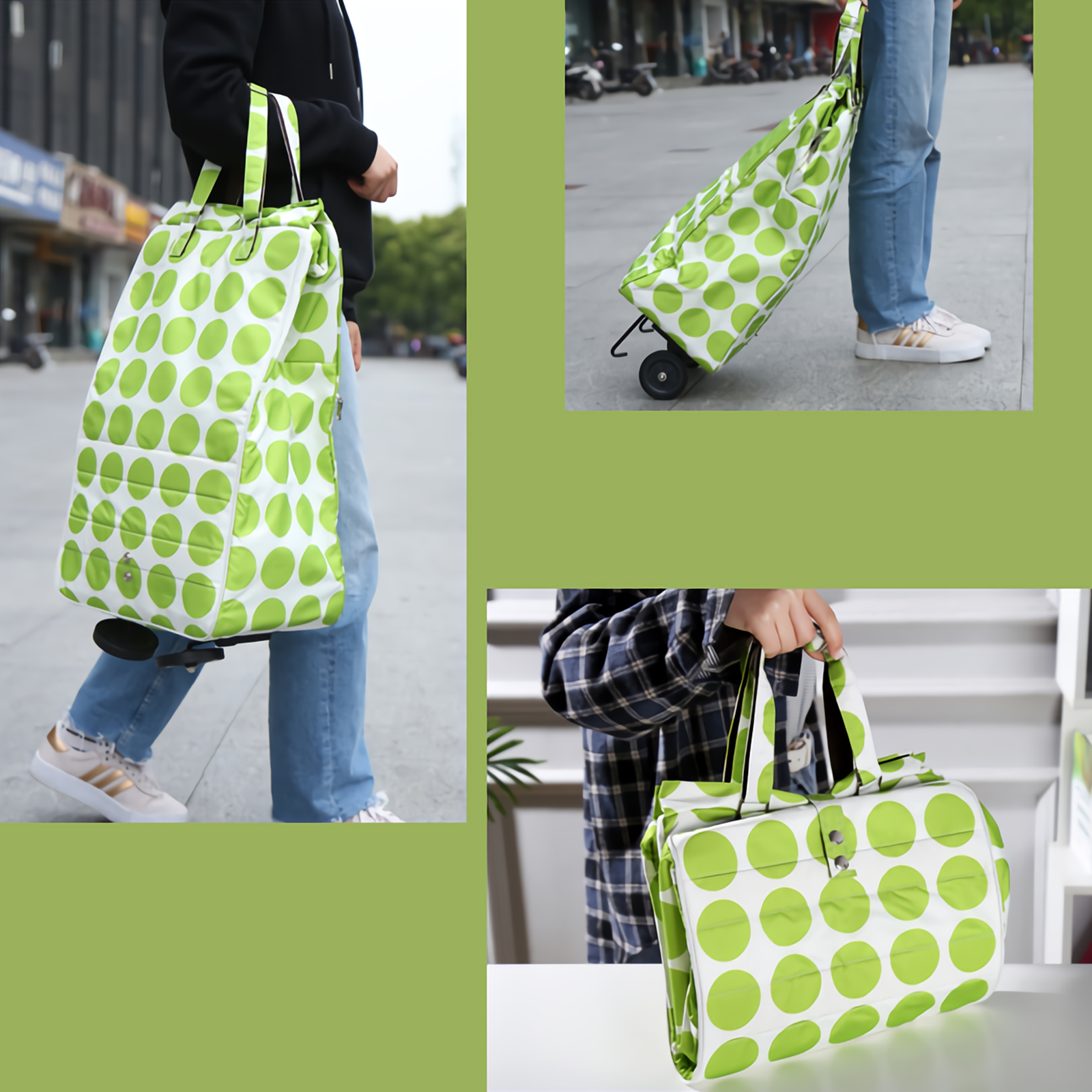 Shopping Trolley Cart Bag Foldable Wheels Carts Bags Market Luggage Basket Green Circle - Image 3