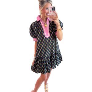 Floral-print Lace Puffed-sleeve Dress