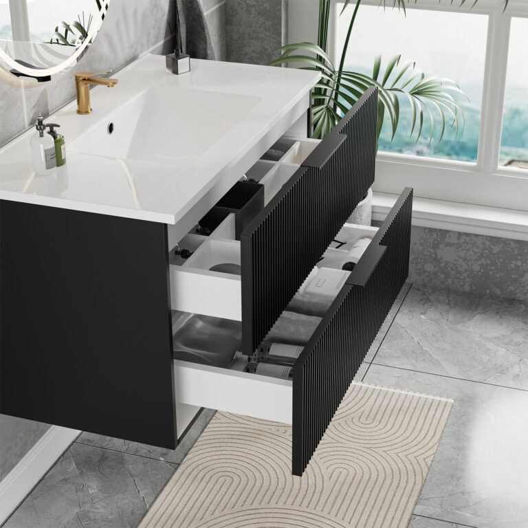 36 Inch Bathroom Vanity Cabinet With Ceramic Sink – Black Wall Mounted Floating Fluted Vanity With Drawers Modern