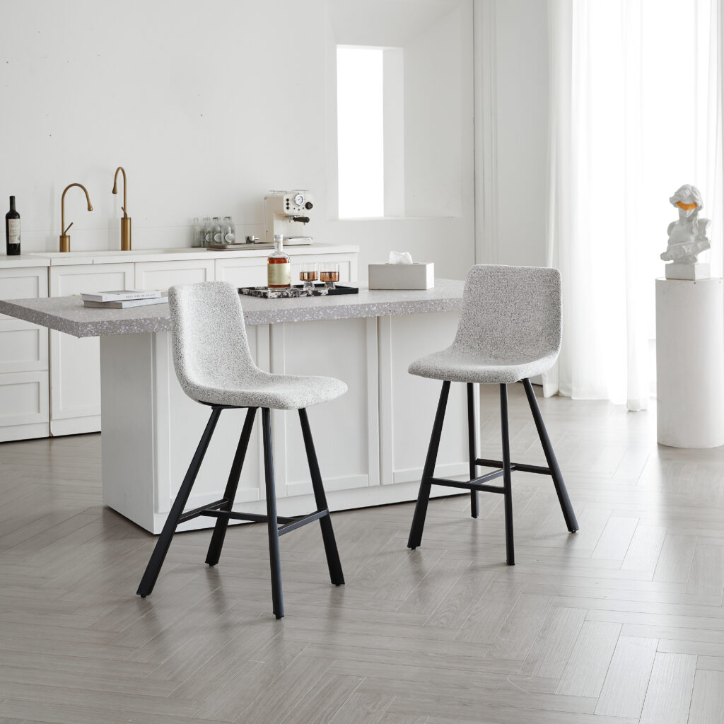 Modern Textured Light Gray Fabric Bar Stool - Upholstered Counter Height Chair With Sturdy Black Metal Legs For Kitchen Island Home Bar Dining Room Single 2 Sets