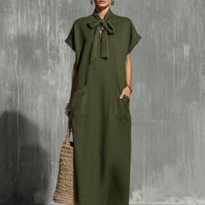 Military-green Cotton-linen Blend Tie-waist Short-sleeve Maxi Dress