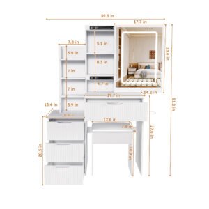 Modern Vanity Desk Featuring 3 Modes Of LED Lighting With Adjustable Brightness With 4 Drawers And Multiple Open Storage Shelves With A Hair Dryer Holder And Power Socket A Dressing Chair.white