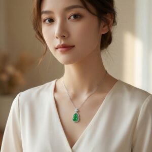 925 Sterling Silver Exquisite Green Jade Gourd Pendant Necklace with Shimmering Diamond Halo