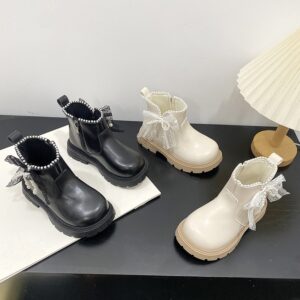 2026 Spring New Princess Boots For Girls, Kids Martin Boots, Bow & Pearl Decor Soft Sole Leather Boots For Big & Medium Kids