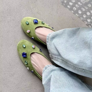 2026 New French Style Rhinestone Slip On Loafers Women Flat Shallow Mouth Shoes Gem Decor Vintage Grandma Shoes