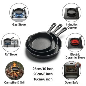 3pcs Pre-Seasoned Cast Iron Skillet Grill Pan With Handle For Grill, BBQ,Kitchen And Camping Cookware