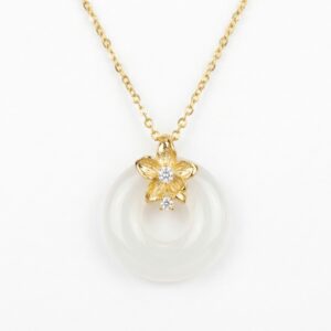 925 Sterling Silver Floral Blossom White Gemstone Circle Pendant Necklace
