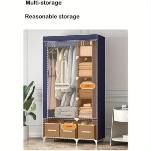 Portable Closet Wardrobe With Rolling Door & Hanging Rack - Lightweight Clothes Storage Organizer, 3 Drawers & Curtain Design-67x35x17 Inches