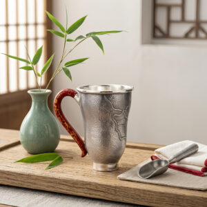 925 Sterling Silver Handcrafted Silver Textured Mug with Elegant Red Patterned Handle and Pine Engravings – Handicraft