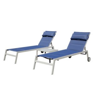 Outdoor Patio Chaise Lounge Set Of 3, Aluminum Pool Lounge Chairs With Side Table And Wheels, Textilene Padded Adjustable Recliner All Weather For Poolside, Beach, Yard, Balcony Navy Blue