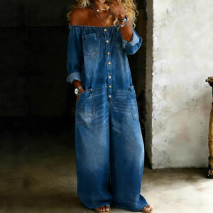 Single-breasted Off-shoulder Washed Faux Denim Jumpsuit