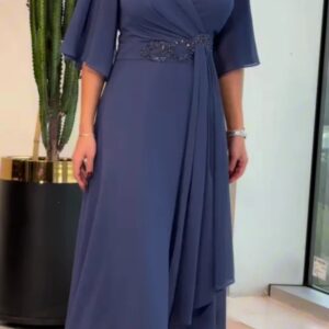 V-Neck Ruched Solid Color Long Dress