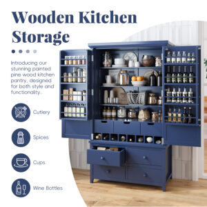 Assembly&Show Video Available TOPMAx Freestanding Large Kitchen Pantry Wooden Kitchen Storage Cabinet Cupboard With 8 Door Shelves 3 Adjustable Shelves 7 Drawers& 8 Wine Racks Blue